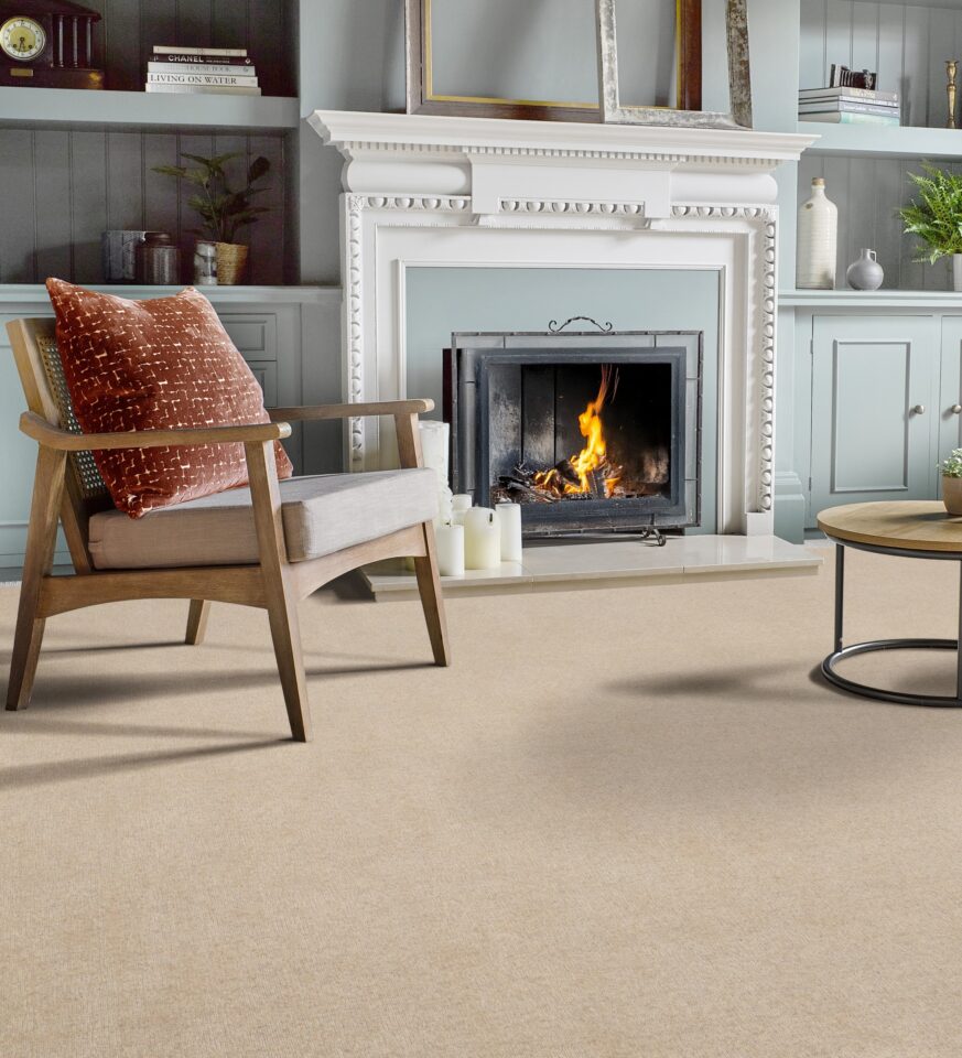 Riviera Home, Natural Textures, Sand Dunes carpet installed in living room with fireplace