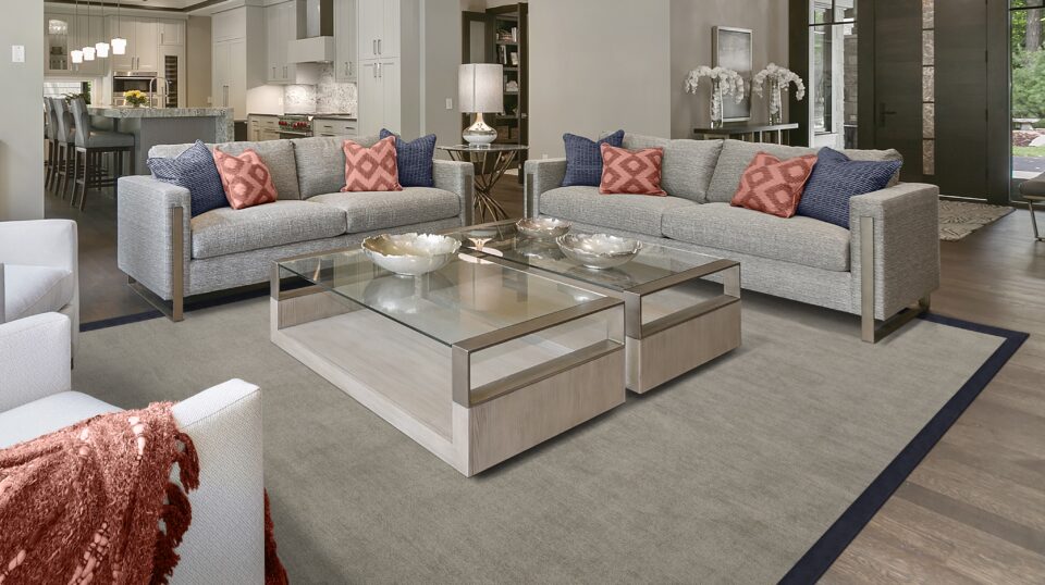 Luxury living room displaying Riviera Home, Kensington, Doeskin rug