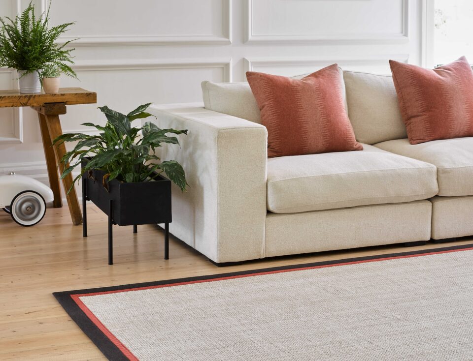 Living Room Room set showing edge of Riviera Home bespoke taped edged rug using Milano, Tartufo